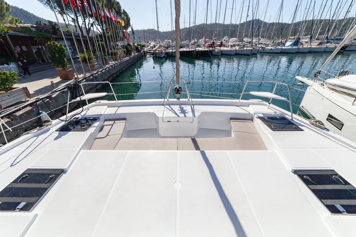 Deck of Sail Spica, a Bali Catspace catamaran at Fethiye, Turkey