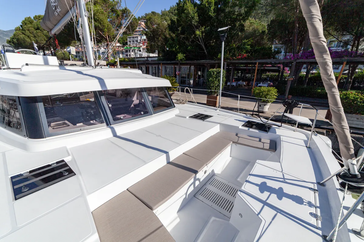 Deck of Sail Spica, a Bali Catspace catamaran at Fethiye, Turkey