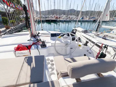 Cockpit of Sail Spica, a Bali Catspace catamaran at Fethiye, Turkey
