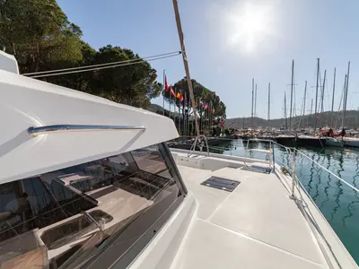 Deck of Sail Spica, a Bali Catspace catamaran at Fethiye, Turkey