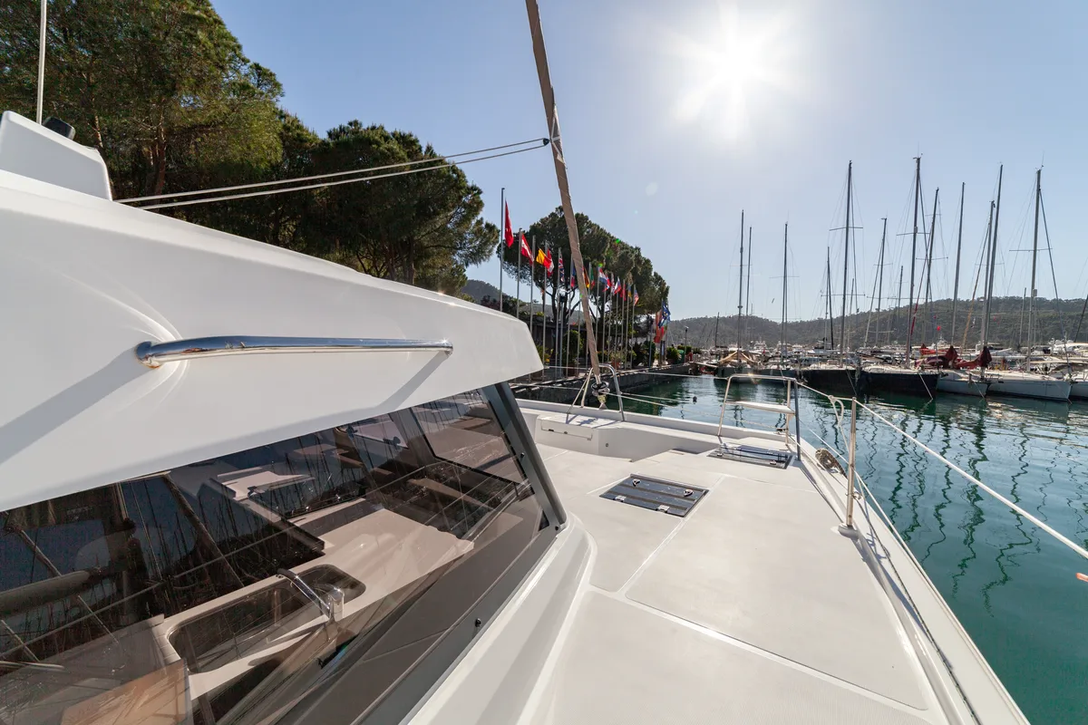 Deck of Sail Spica, a Bali Catspace catamaran at Fethiye, Turkey