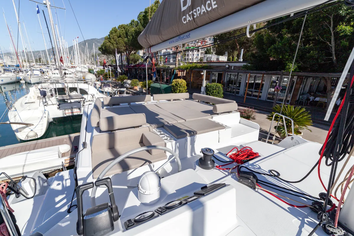 Cockpit of Sail Spica, a Bali Catspace catamaran at Fethiye, Turkey