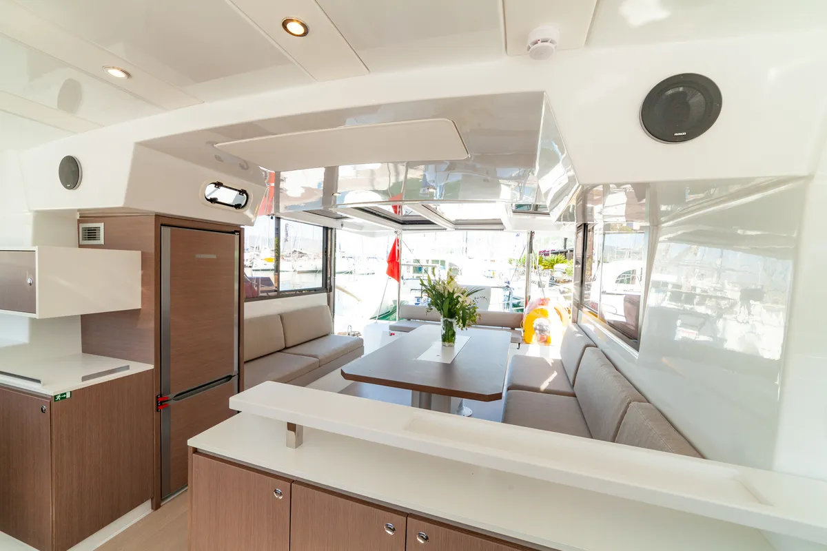 Salon of Sail Spica, a Bali Catspace catamaran at Fethiye, Turkey