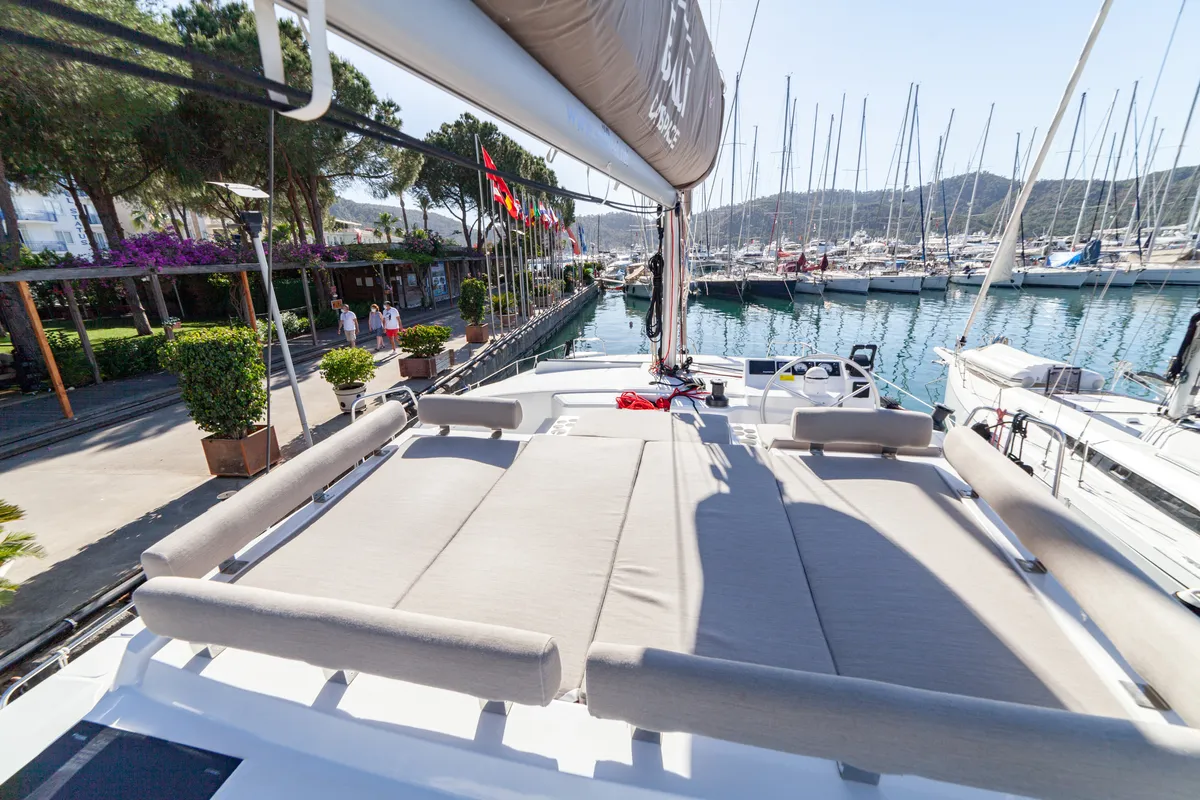 Deck of Sail Spica, a Bali Catspace catamaran at Fethiye, Turkey