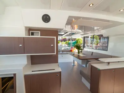Salon of Sail Spica, a Bali Catspace catamaran at Fethiye, Turkey