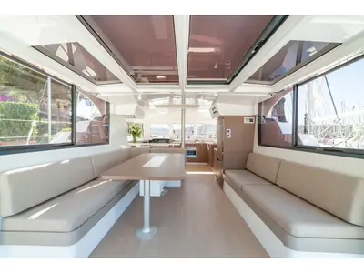 Salon of Bali Catspace, a catamaran at Fethiye, Turkey