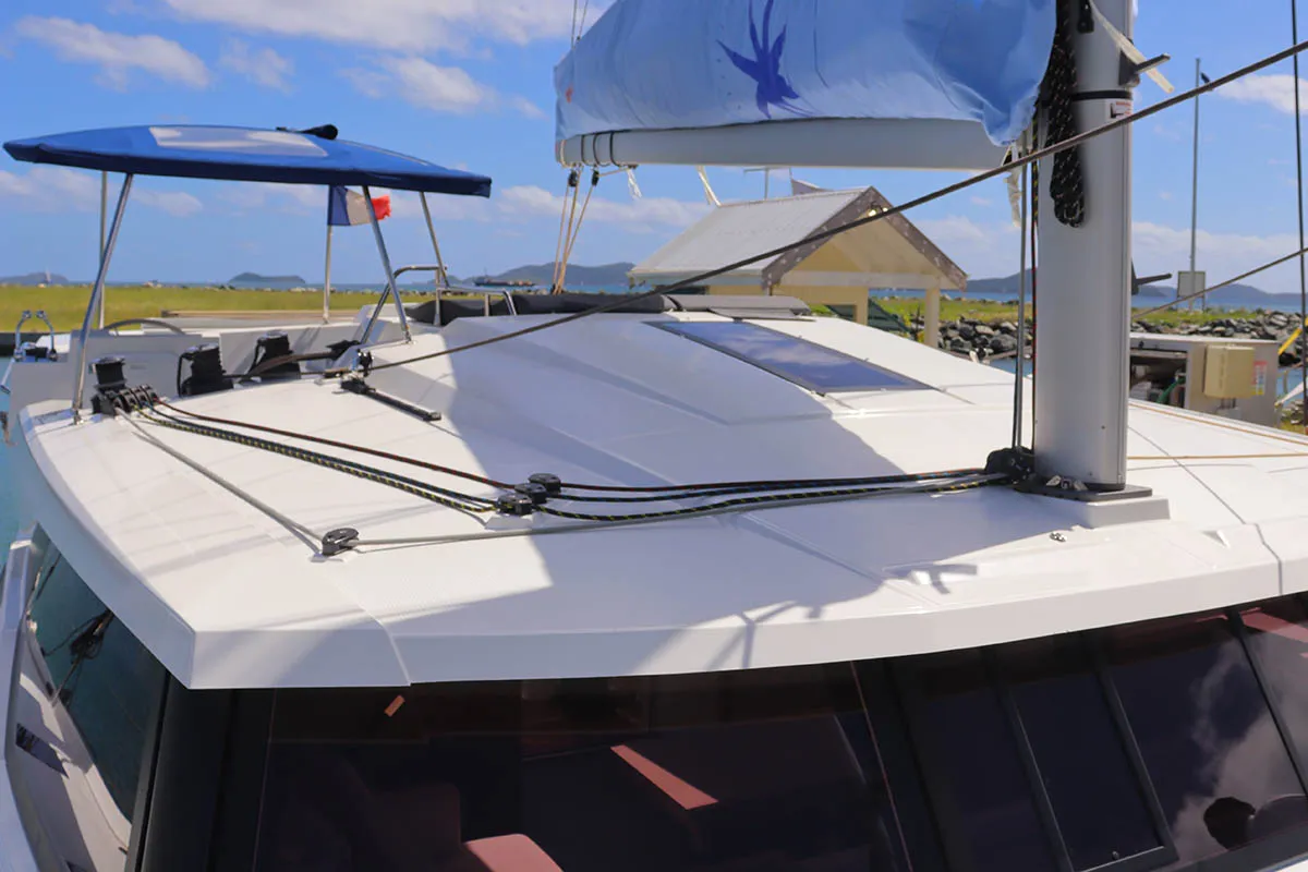 Deck of Michelle ma Belle, a Fountaine Pajot Astrea 42 Quatuor catamaran at Road Town, British Virgin Islands