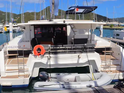 Deck of Michelle ma Belle, a Fountaine Pajot Astrea 42 Quatuor catamaran at Road Town, British Virgin Islands