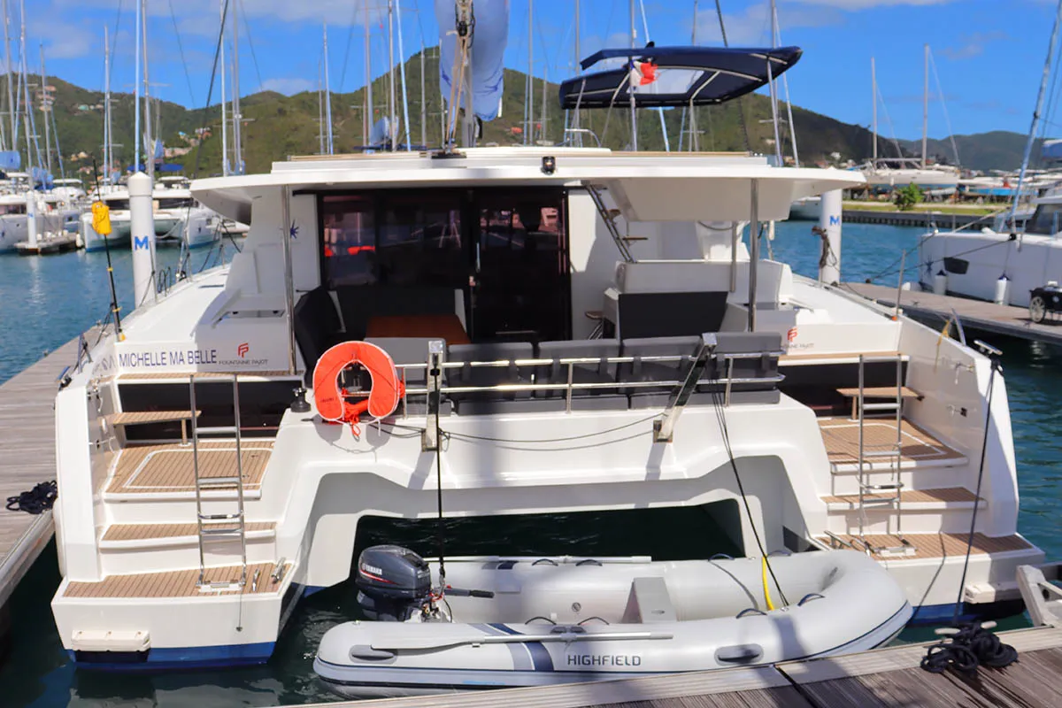 Deck of Michelle ma Belle, a Fountaine Pajot Astrea 42 Quatuor catamaran at Road Town, British Virgin Islands