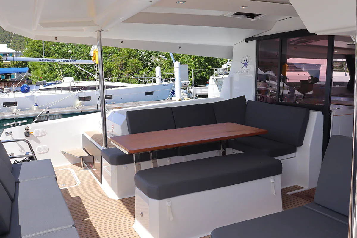 Deck of Michelle ma Belle, a Fountaine Pajot Astrea 42 Quatuor catamaran at Road Town, British Virgin Islands
