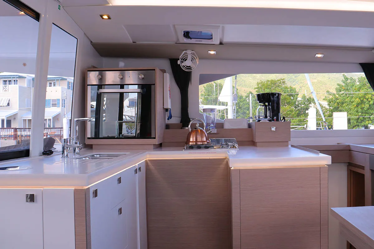 Galley of Michelle ma Belle, a Fountaine Pajot Astrea 42 Quatuor catamaran at Road Town, British Virgin Islands