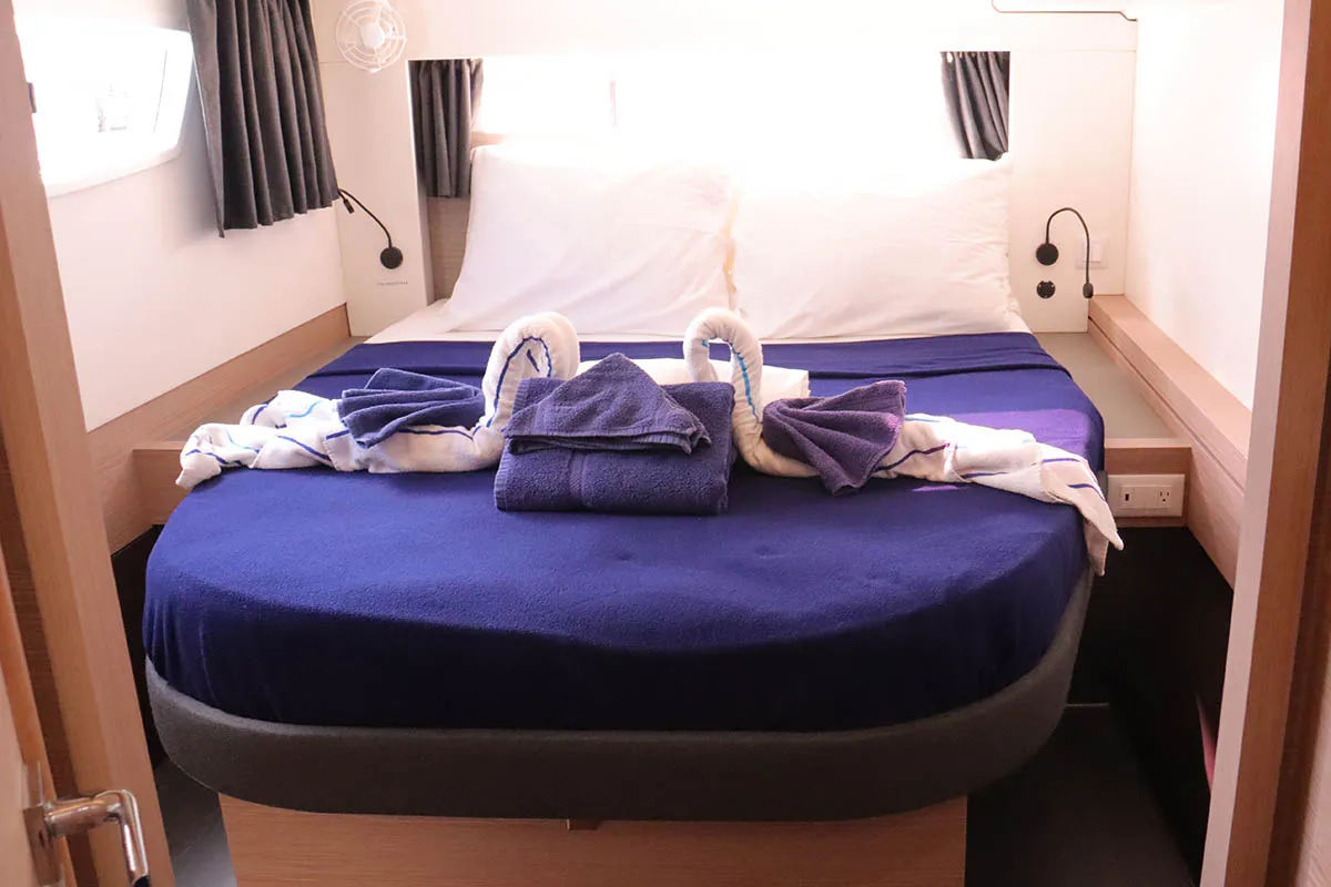 Cabin on Michelle ma Belle, a Fountaine Pajot Astrea 42 Quatuor catamaran at Road Town, British Virgin Islands