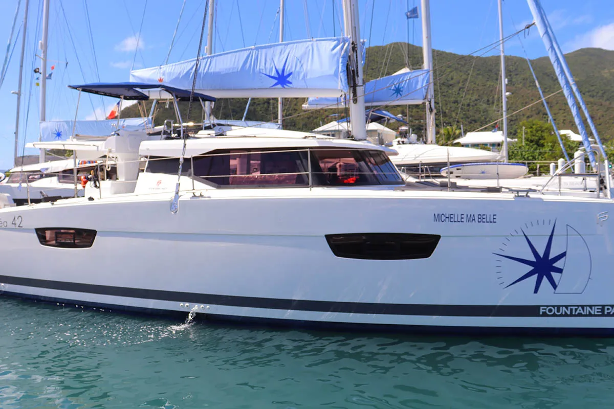 Exterior view of Michelle ma Belle, a Fountaine Pajot Astrea 42 Quatuor catamaran at Road Town, British Virgin Islands