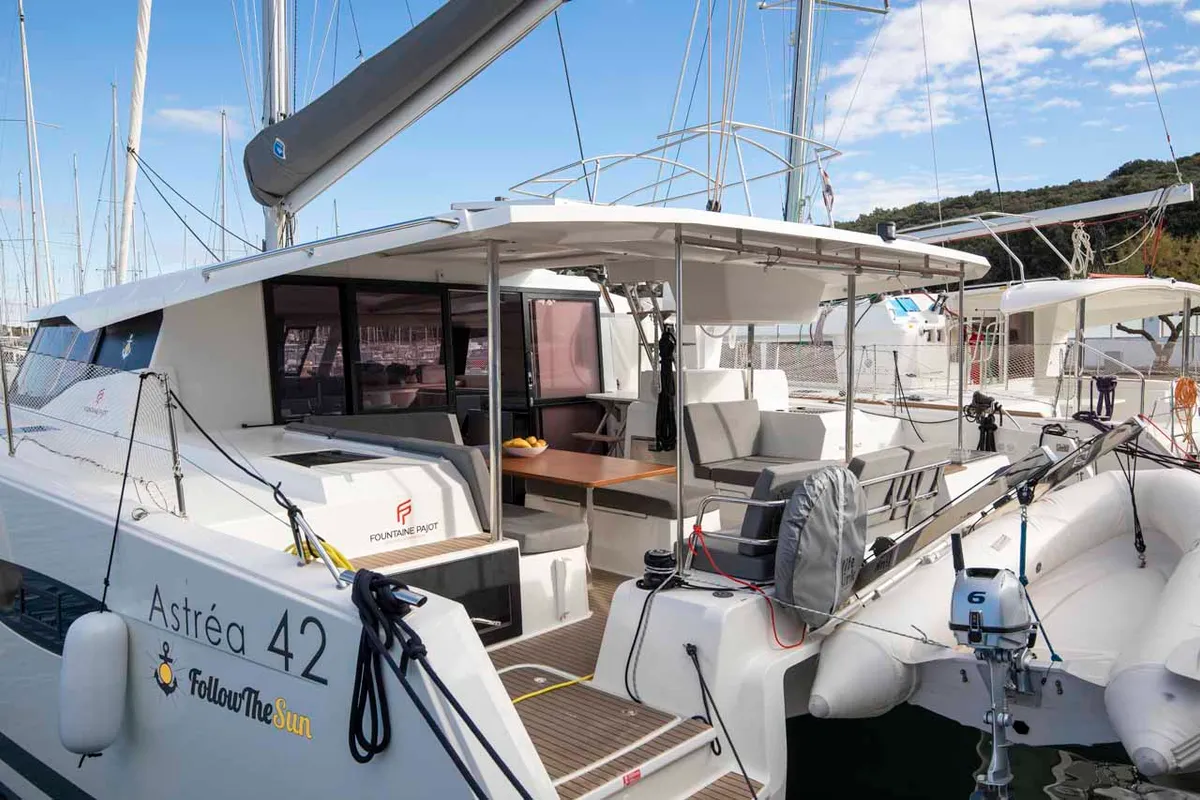 Deck of Follow the Sun, a Fountaine Pajot Astrea 42 catamaran at Medulin, Croatia