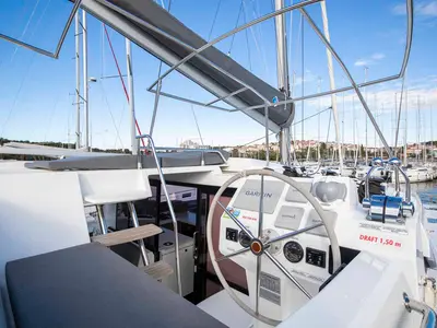 Cockpit of Follow the Sun, a Fountaine Pajot Astrea 42 catamaran at Medulin, Croatia