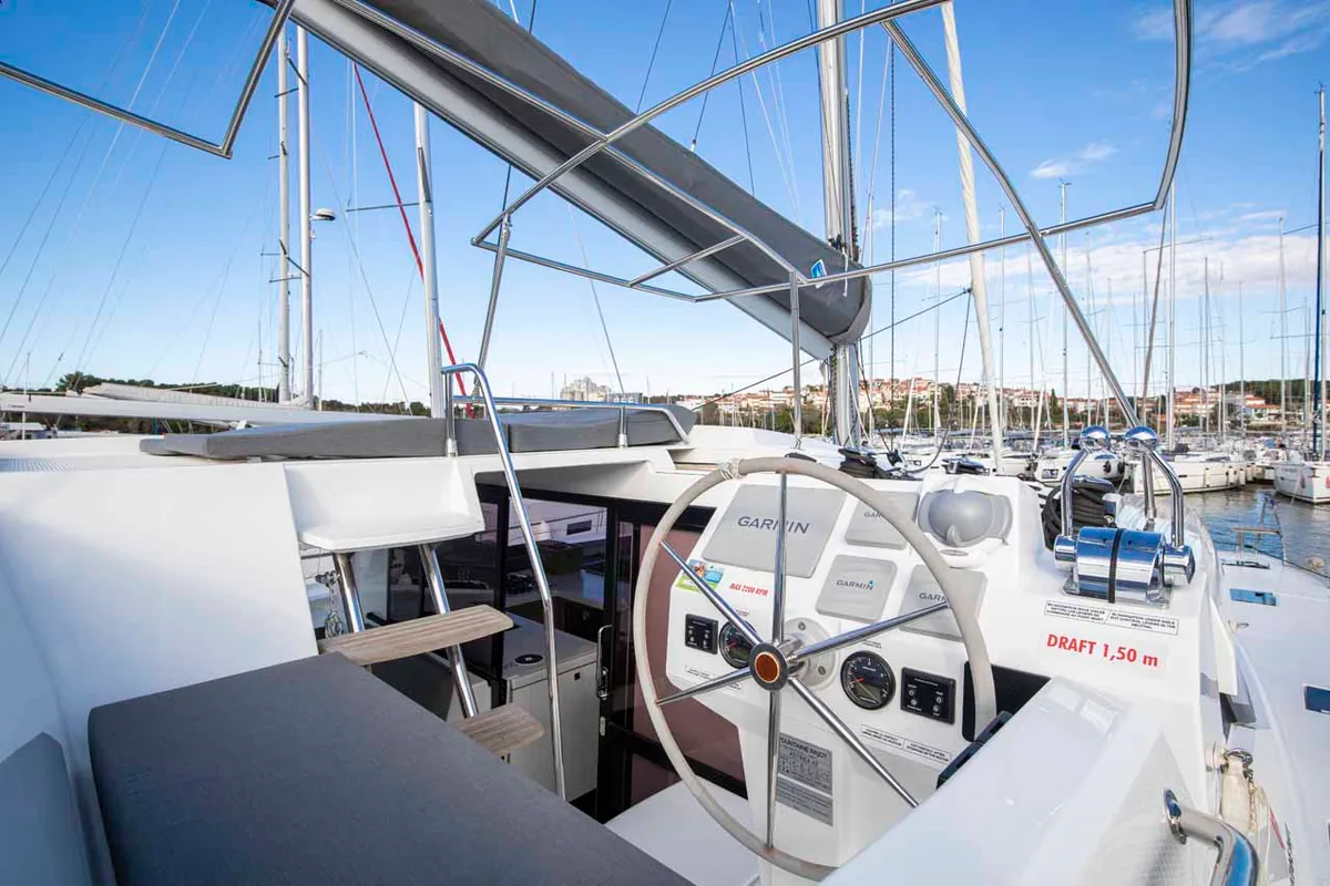 Cockpit of Follow the Sun, a Fountaine Pajot Astrea 42 catamaran at Medulin, Croatia