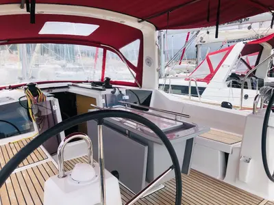 Cockpit of Luxa, a Beneteau Oceanis 41.1 sailboat at Split, Croatia