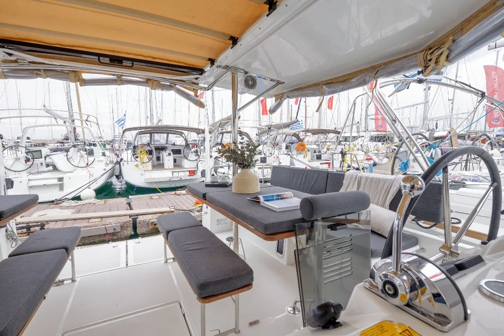 Deck of Discovery Blue, a Jeanneau Sun Loft 47 sailboat at Municipal Unit of Nea Peramos, Greece