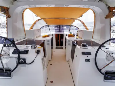 Cockpit of Discovery Blue, a Jeanneau Sun Loft 47 sailboat at Municipal Unit of Nea Peramos, Greece