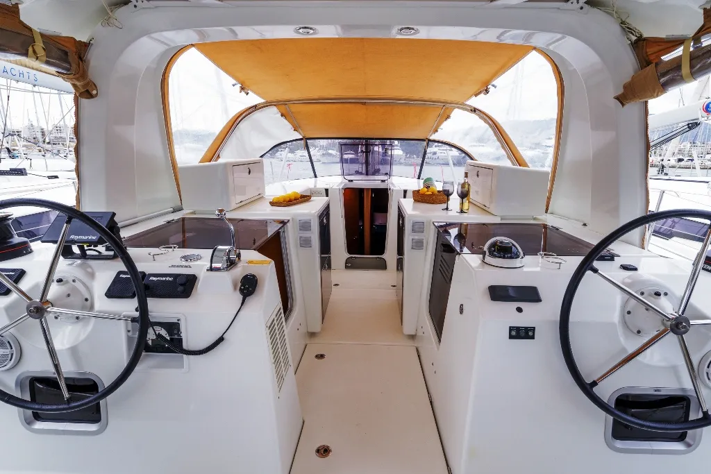 Cockpit of Discovery Blue, a Jeanneau Sun Loft 47 sailboat at Municipal Unit of Nea Peramos, Greece