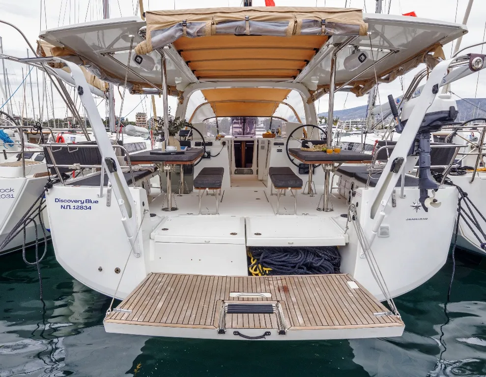 Deck of Discovery Blue, a Jeanneau Sun Loft 47 sailboat at Municipal Unit of Nea Peramos, Greece