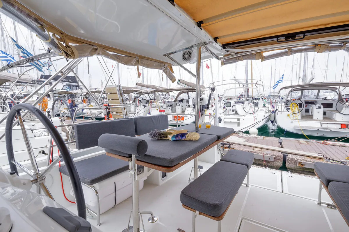 Discovery Blue, a Jeanneau Sun Loft 47 sailboat at Municipal Unit of Nea Peramos, Greece