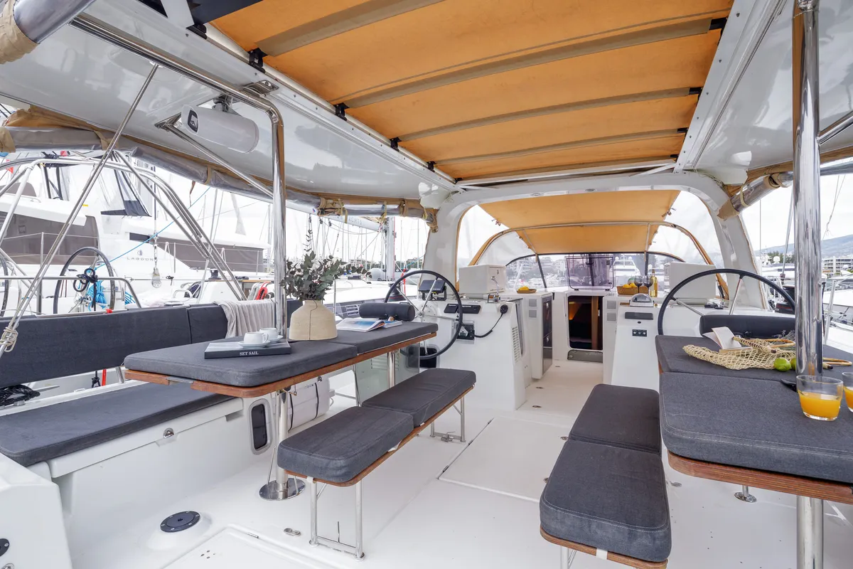 Discovery Blue, a Jeanneau Sun Loft 47 sailboat at Municipal Unit of Nea Peramos, Greece