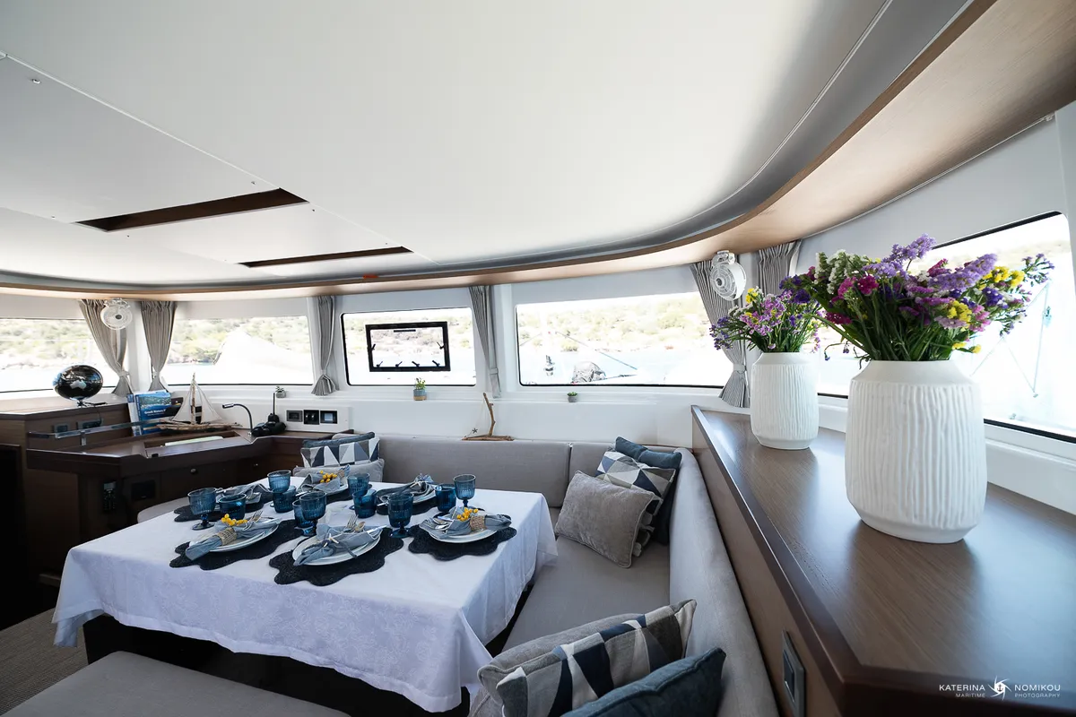 Salon of El Marita Brand New 2021 A/C & Generator Skippered, a Lagoon 46 catamaran at Municipal Unit of Lefkada, Greece