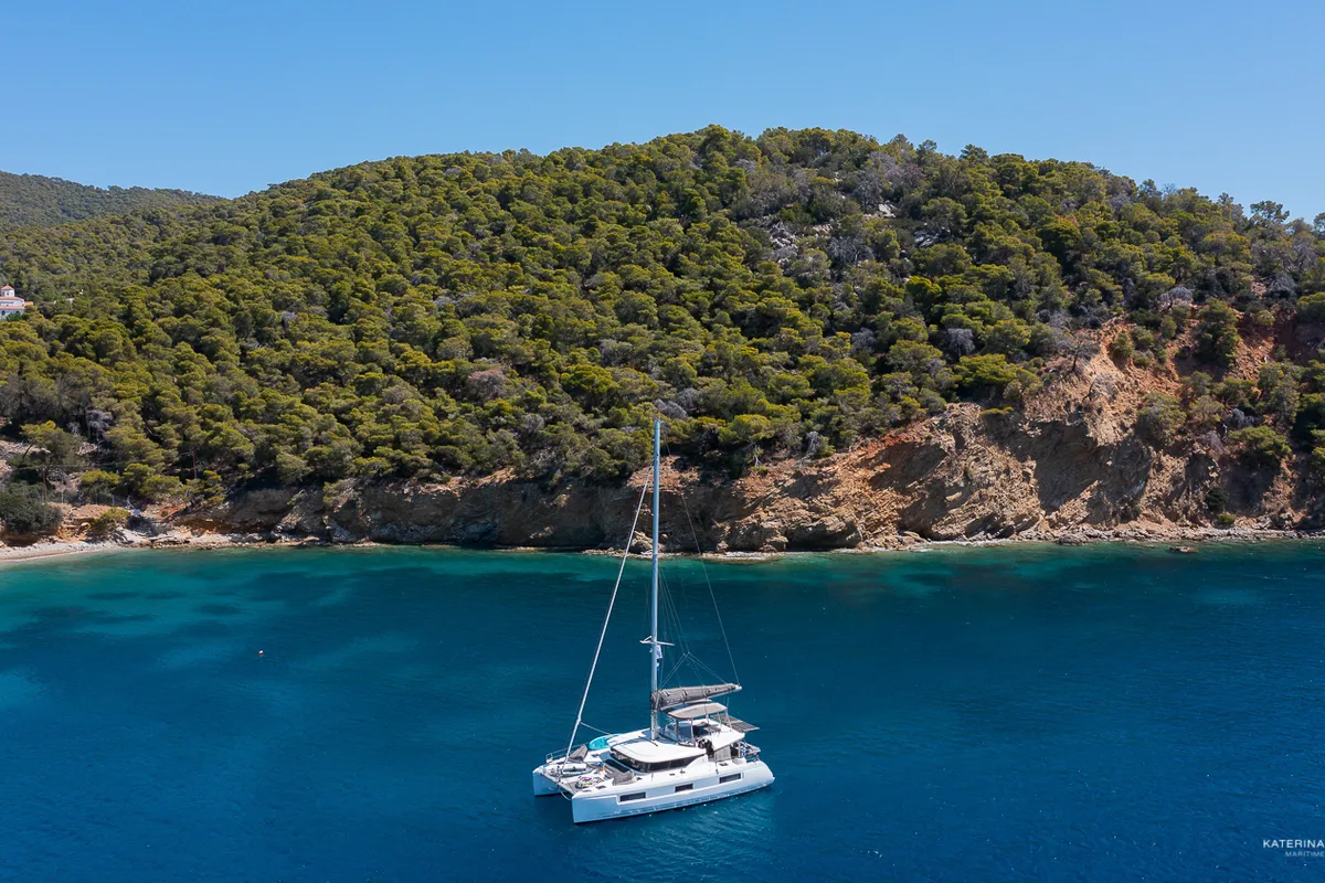 Exterior view of El Marita Brand New 2021 A/C & Generator Skippered, a Lagoon 46 catamaran at Municipal Unit of Lefkada, Gre…