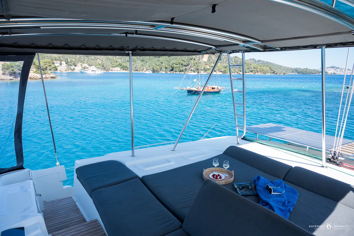 Deck of El Marita Brand New 2021 A/C & Generator Skippered, a Lagoon 46 catamaran at Municipal Unit of Lefkada, Greece