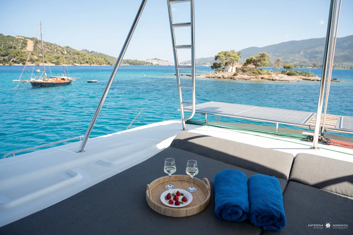 Deck of El Marita Brand New 2021 A/C & Generator Skippered, a Lagoon 46 catamaran at Municipal Unit of Lefkada, Greece