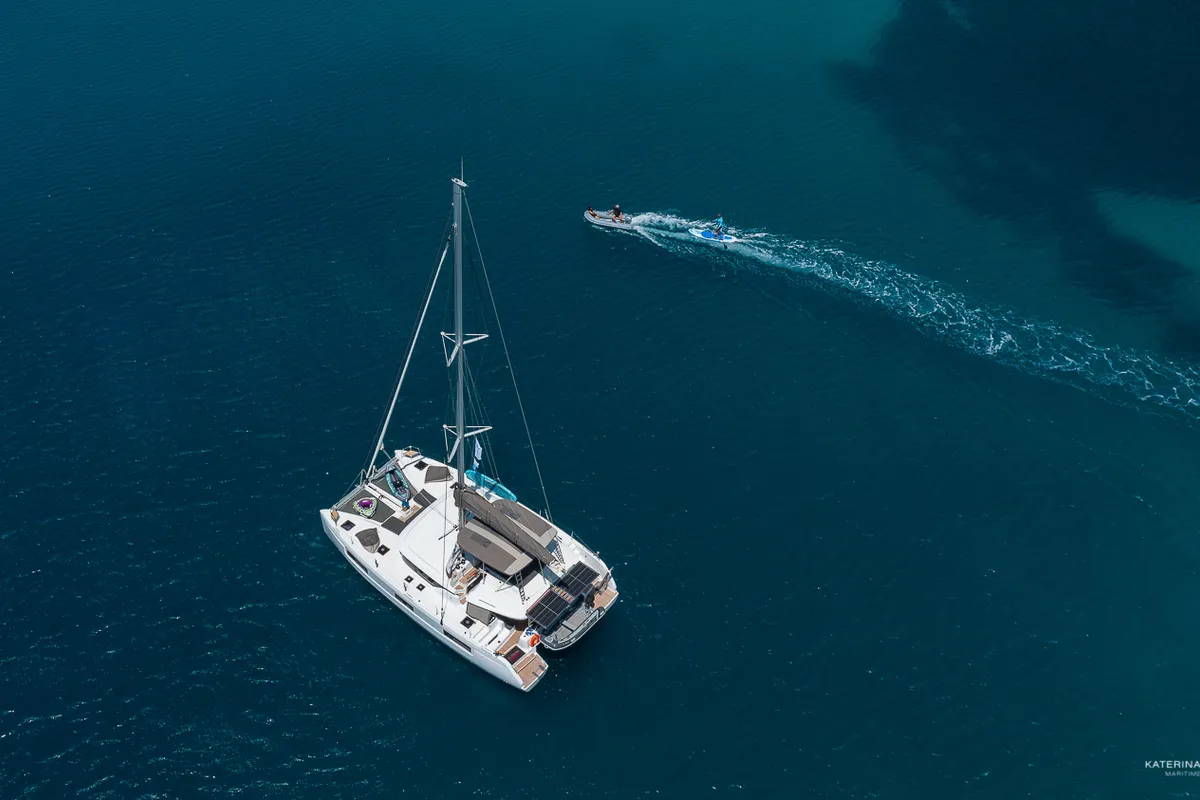 Exterior view of El Marita Brand New 2021 A/C & Generator Skippered, a Lagoon 46 catamaran at Municipal Unit of Lefkada, Gre…