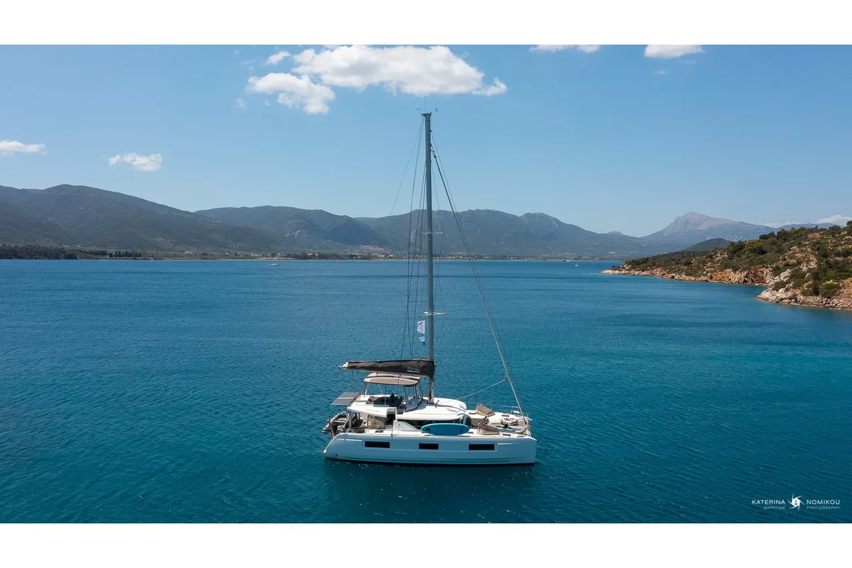 Exterior view of El Marita Brand New 2021 A/C & Generator Skippered, a Lagoon 46 catamaran at Municipal Unit of Lefkada, Gre…