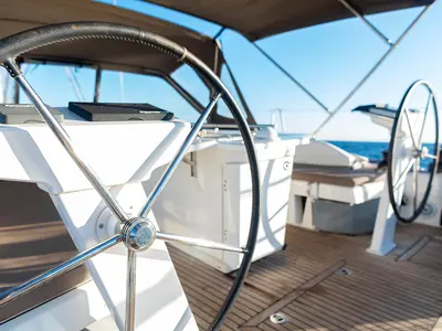 Cockpit of Kos 46.4, a Beneteau Oceanis 46.1 sailboat at Athens, Greece