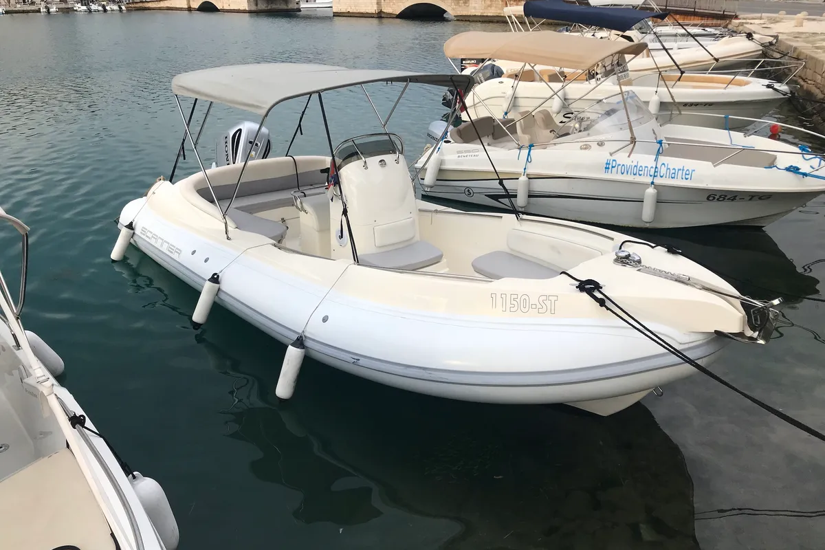 Exterior view of Envy Tender, a Scanner 710 motorboat at Trogir, Croatia