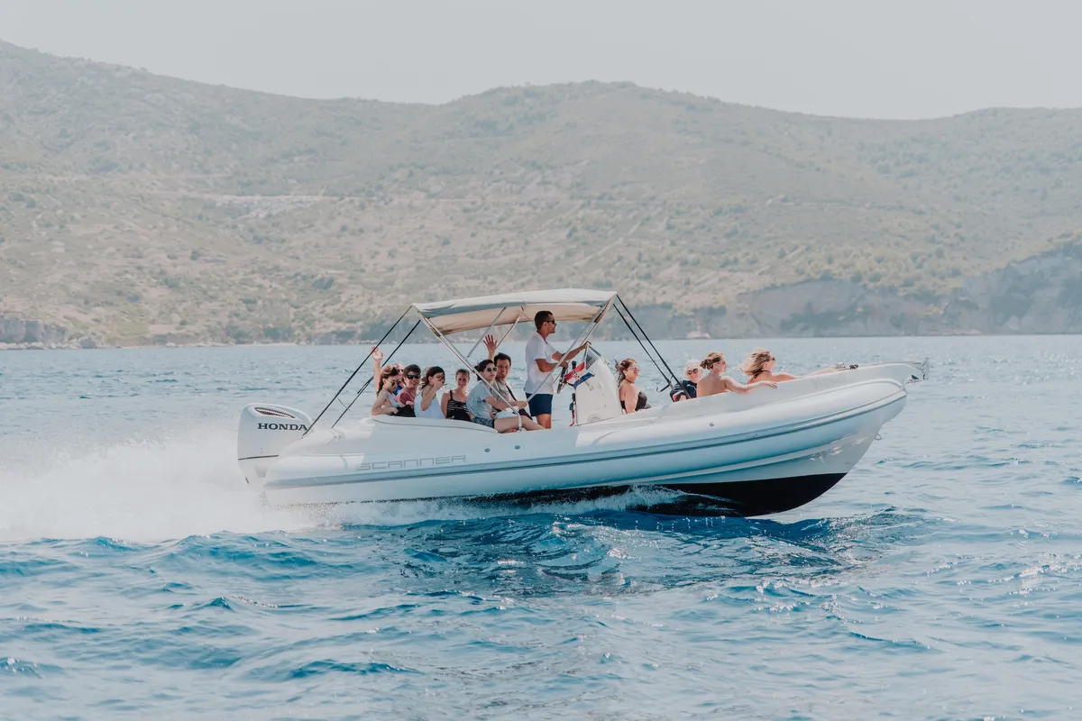 Exterior view of Envy Tender, a Scanner 710 motorboat at Trogir, Croatia