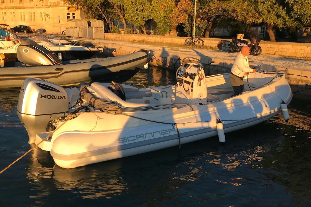 Exterior view of Envy Tender, a Scanner 710 motorboat at Trogir, Croatia