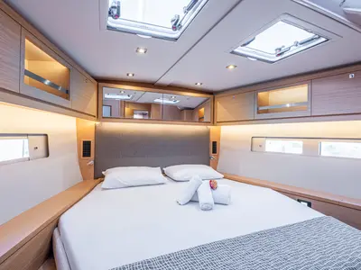 Cabin on Artemide, a Dufour 530 sailboat at Capo d'Orlando, Italy