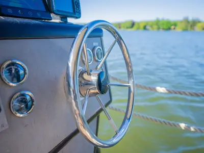 Cockpit of Juno, a Woma D13 motorboat at Fürstenberg/Havel, Germany