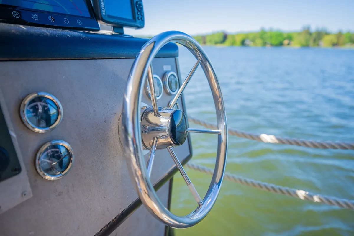 Cockpit of Juno, a Woma D13 motorboat at Fürstenberg/Havel, Germany
