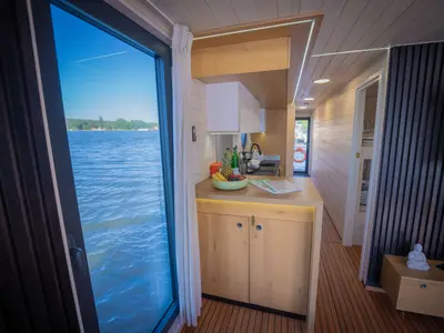 Galley of Juno, a Woma D13 motorboat at Fürstenberg/Havel, Germany