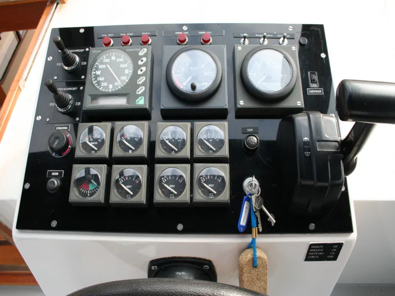 Cockpit of Blueflower, a De Drait Valkkruiser 1350 motorboat at Drachten, Netherlands