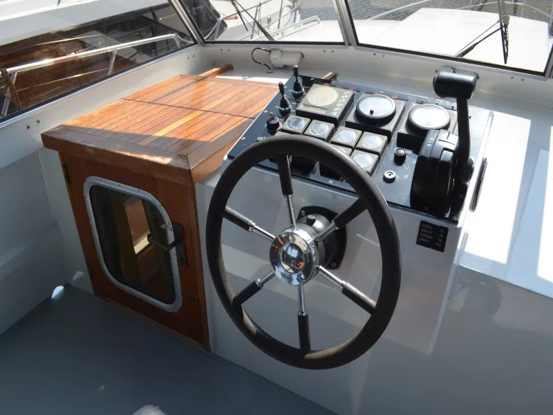 Cockpit of Blueflower, a De Drait Valkkruiser 1350 motorboat at Drachten, Netherlands
