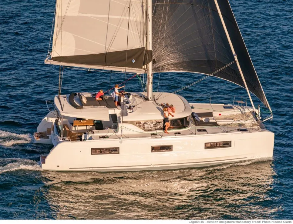 Exterior view of KÁLLOS, a Lagoon 46 catamaran at Road Town, British Virgin Islands