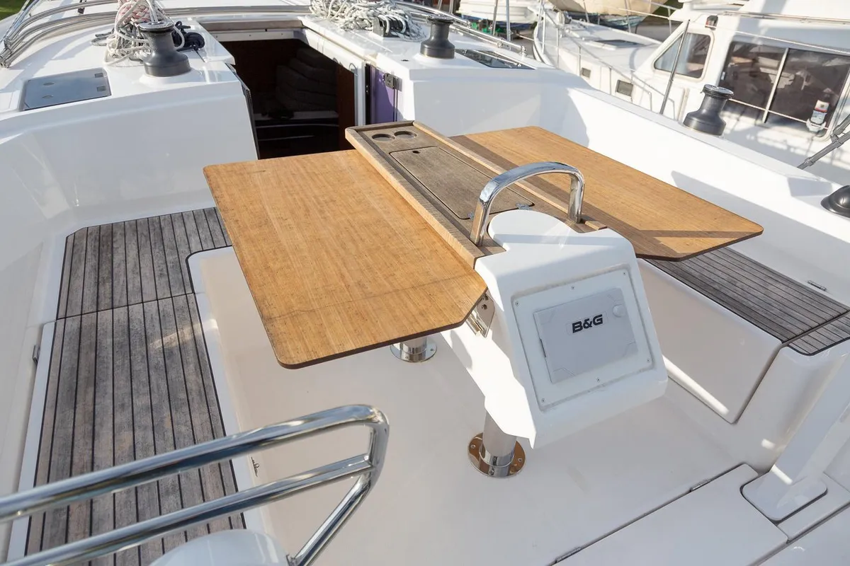Deck of Tatyana, a Bavaria C42 sailboat at Pirovac, Croatia