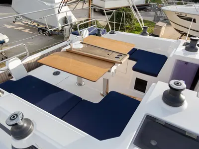 Deck of Tatyana, a Bavaria C42 sailboat at Pirovac, Croatia