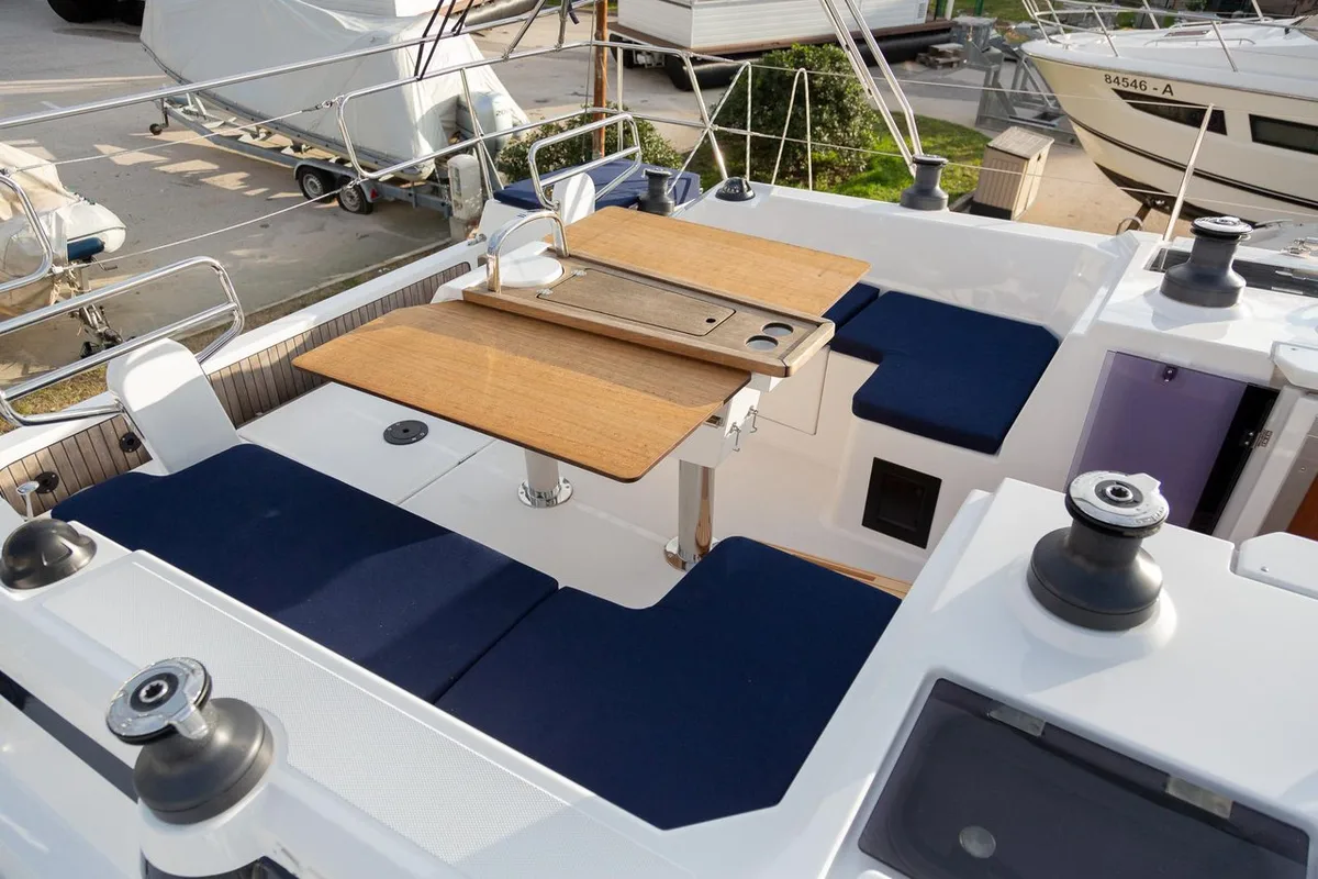 Deck of Tatyana, a Bavaria C42 sailboat at Pirovac, Croatia