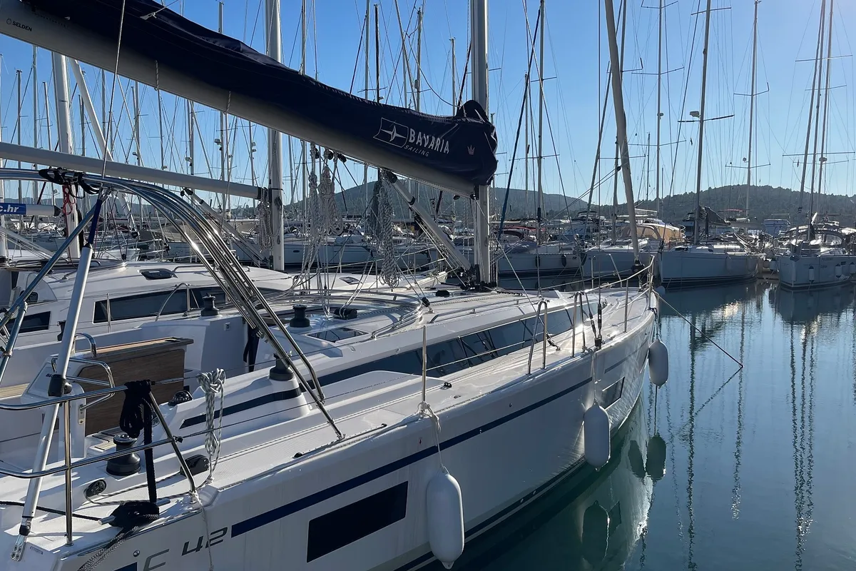 Exterior view of Tatyana, a Bavaria C42 sailboat at Pirovac, Croatia