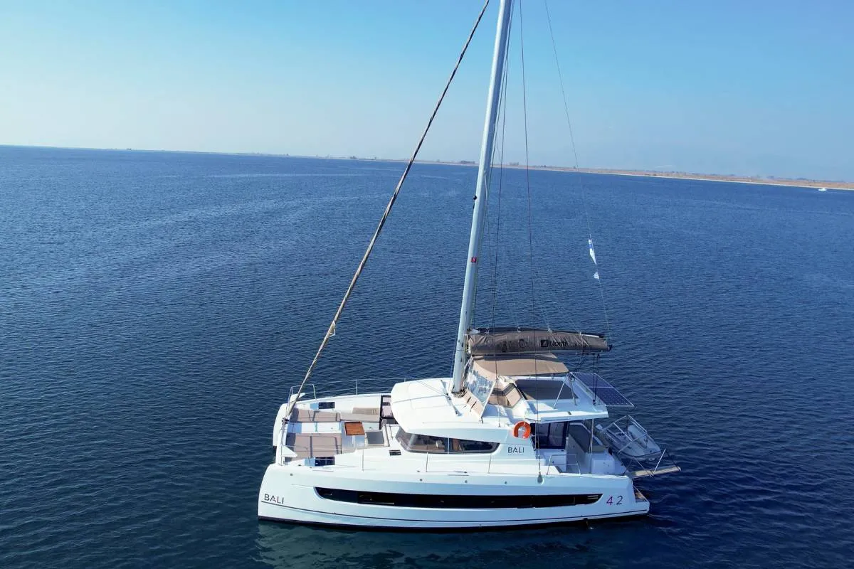 Exterior view of Kos 42.6, a Bali 4.2 catamaran at Preveza, Greece