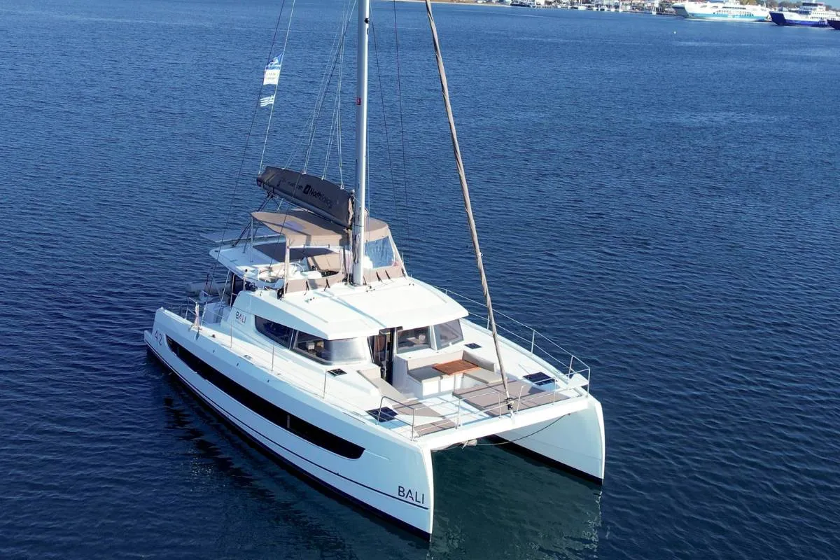 Exterior view of Kos 42.6, a Bali 4.2 catamaran at Preveza, Greece